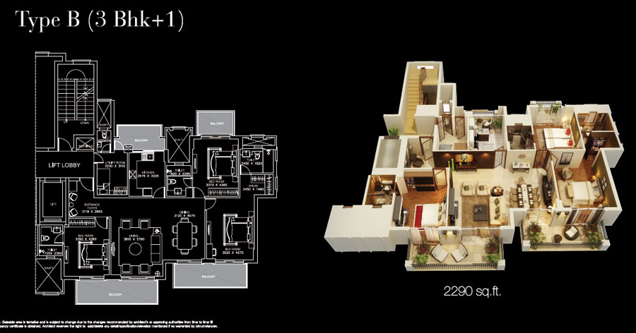 3 BHK + Utility (2290 sq.ft.)