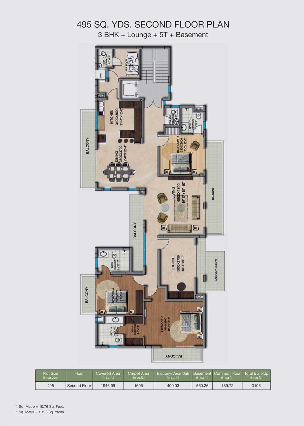 3 BHK + loung + 5T +Basement (495 Sq. Yd)