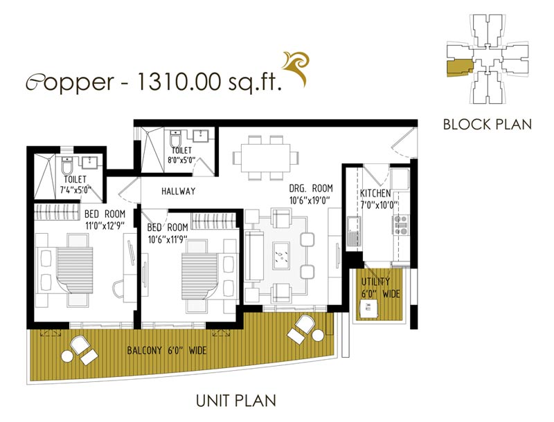 2 BHK + 2T (1310 Sq.Ft)