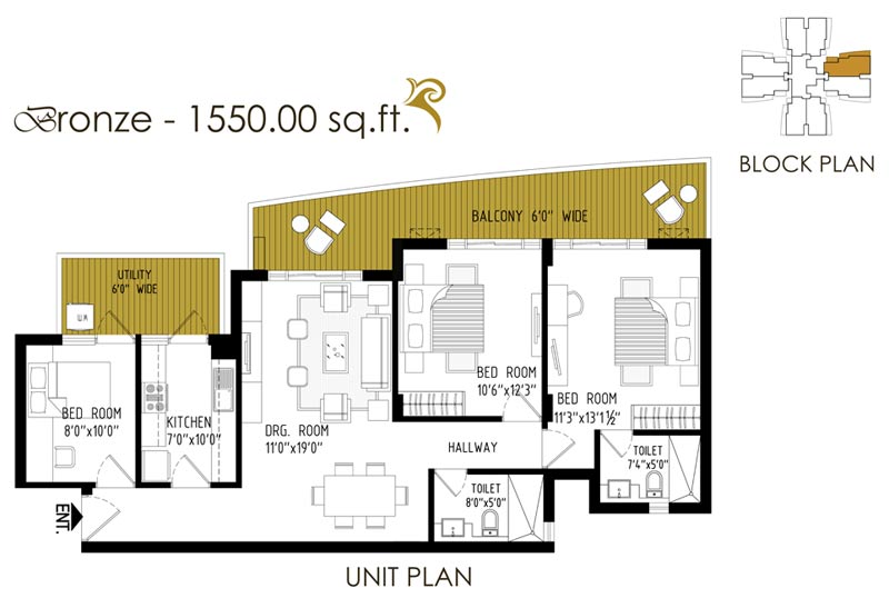 3 BHK + 2T (1550 Sq.Ft)