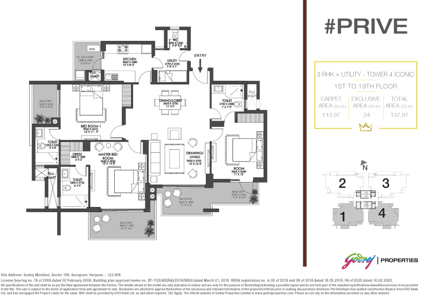 3 BHK + Utility - 137.97 Sq.M