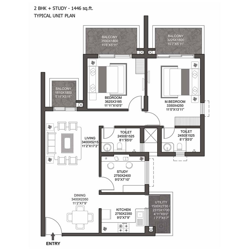 2 BHK + Study (1446 sq.ft.)