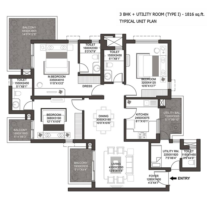 3 BHK + Servant (1816 sq.ft.)