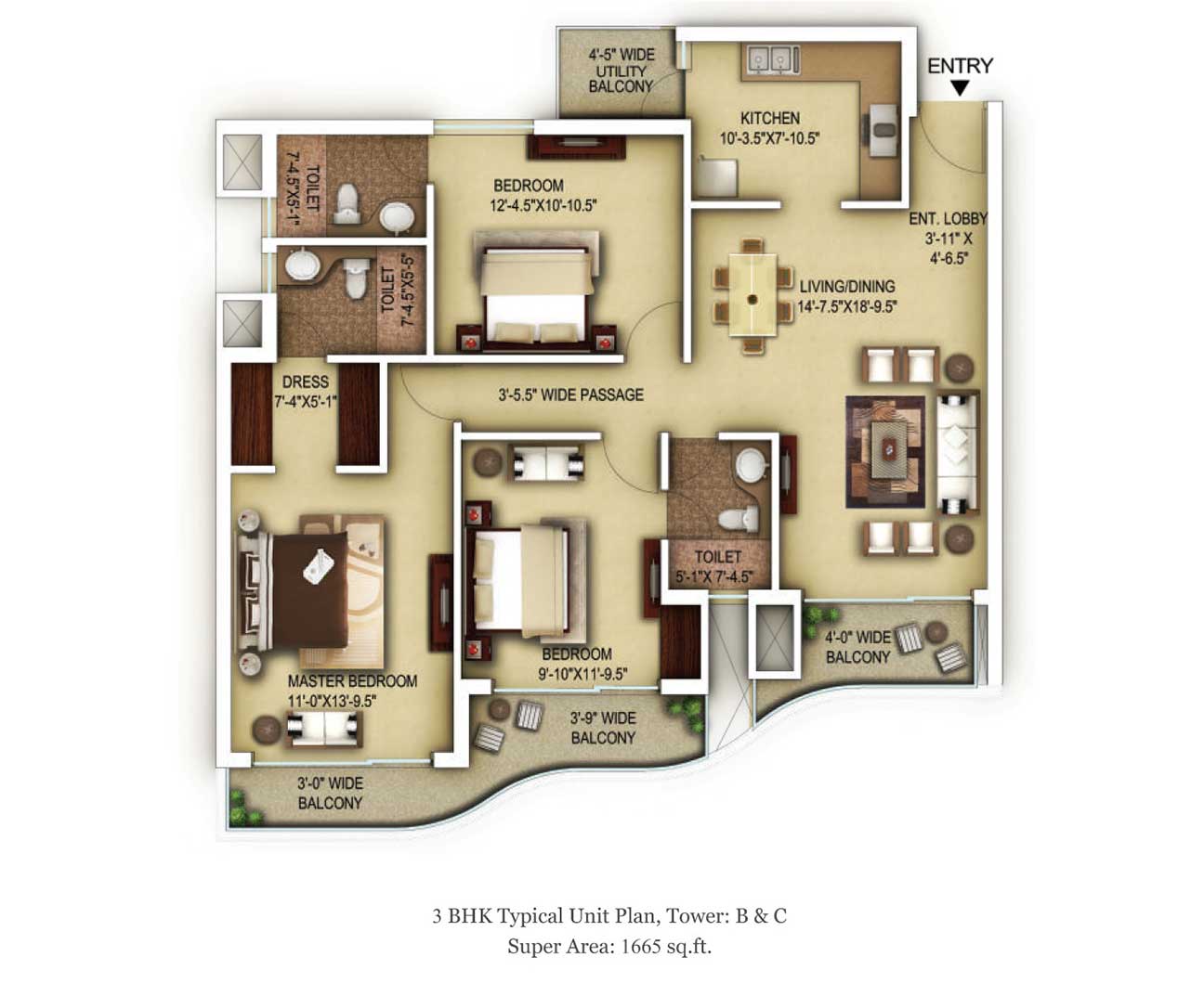 3 BHK - 1665 SQFT