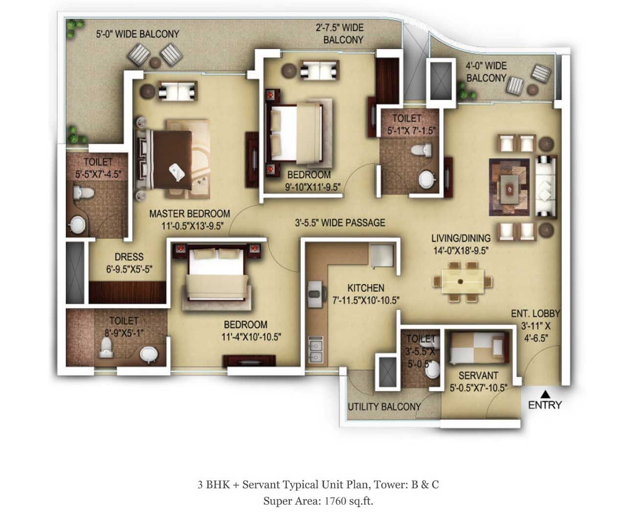 3 BHK + Servant - 1760 SQFT