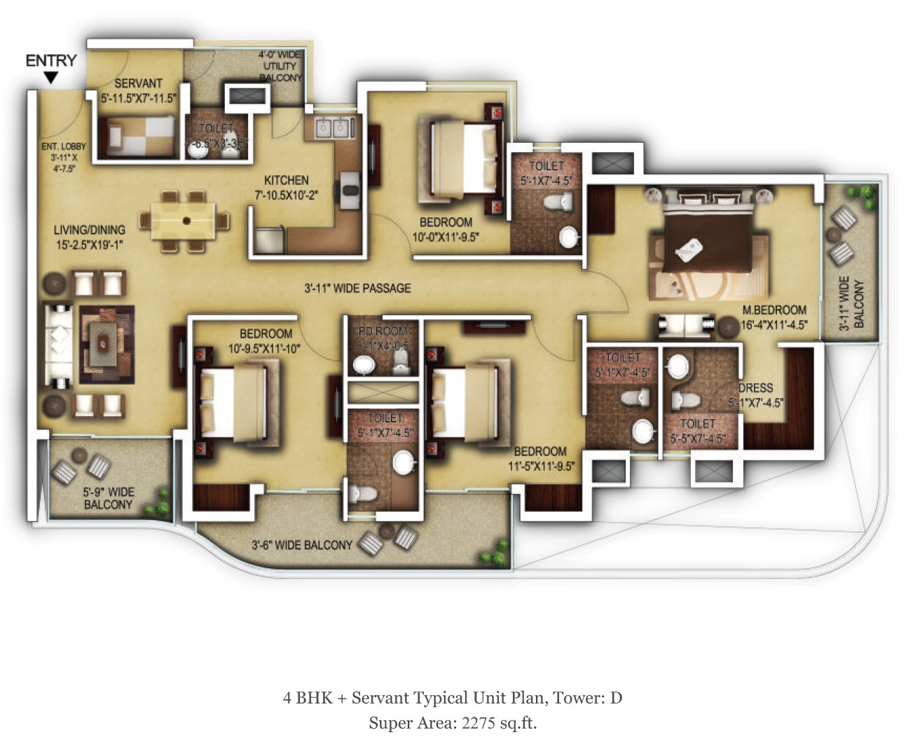 4 BHK + Servant - 2275 SQFT