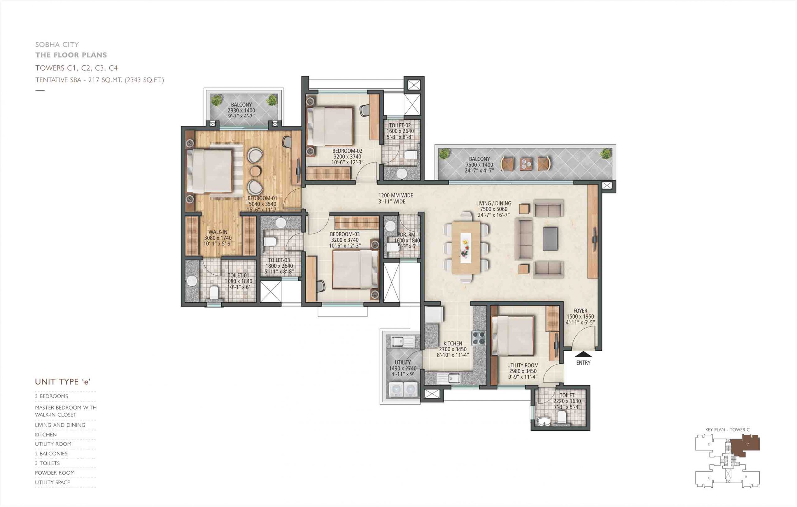 3BHK+Utility Space + Power Space-Type ‘e’- 217 sq. mt. (2343 sq. ft.)