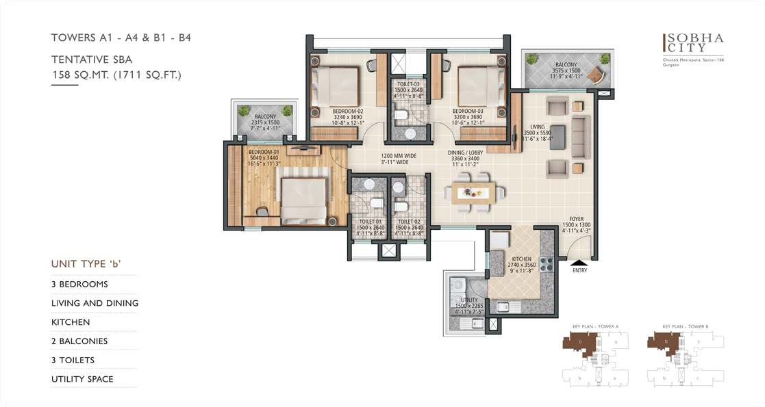 3BHK+Utility Space-Type ‘b’- 158 sq. mt. (1711 sq. ft.)