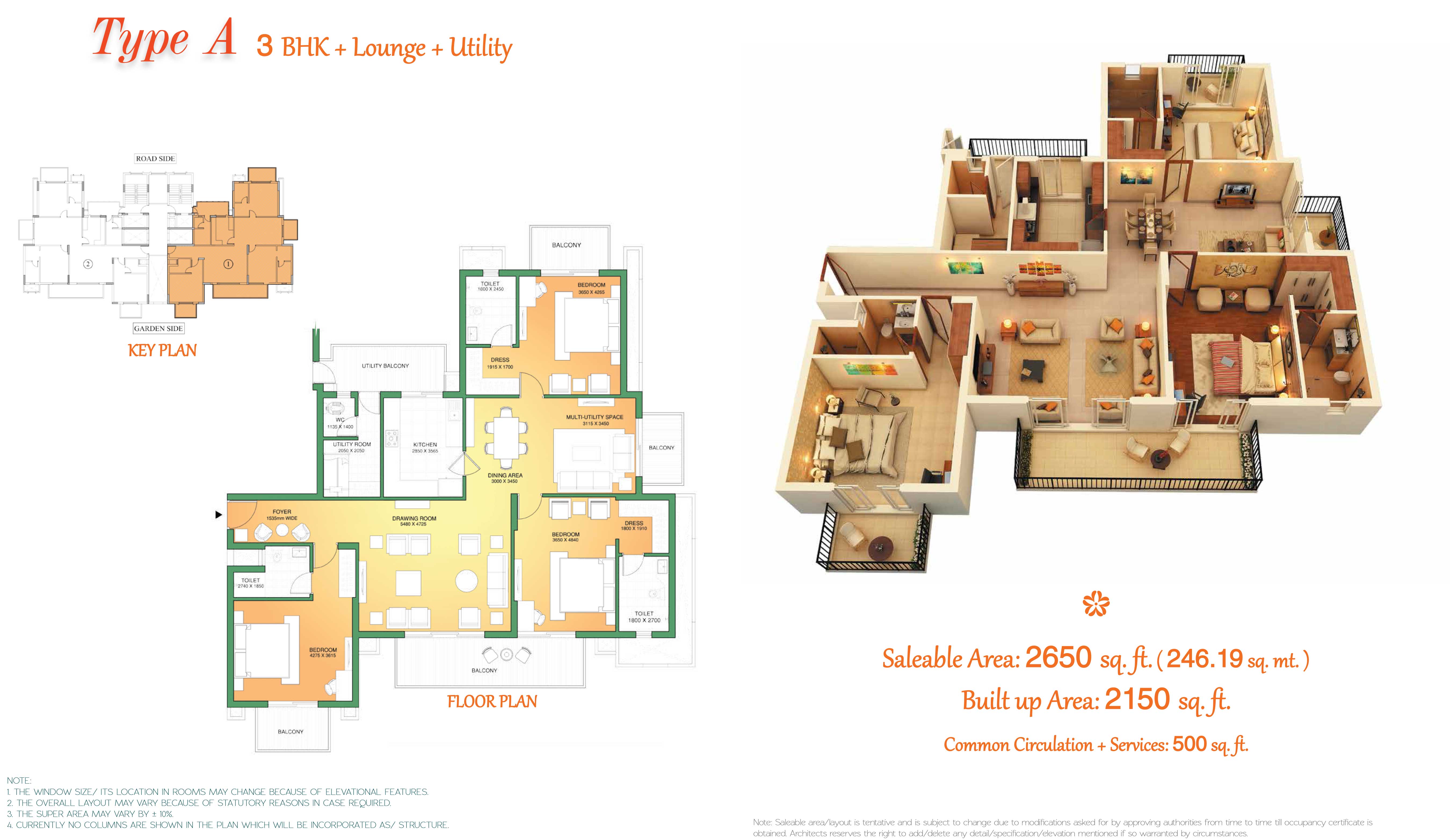 3 BHK + Launge+ Utility (2650 sq.ft.)