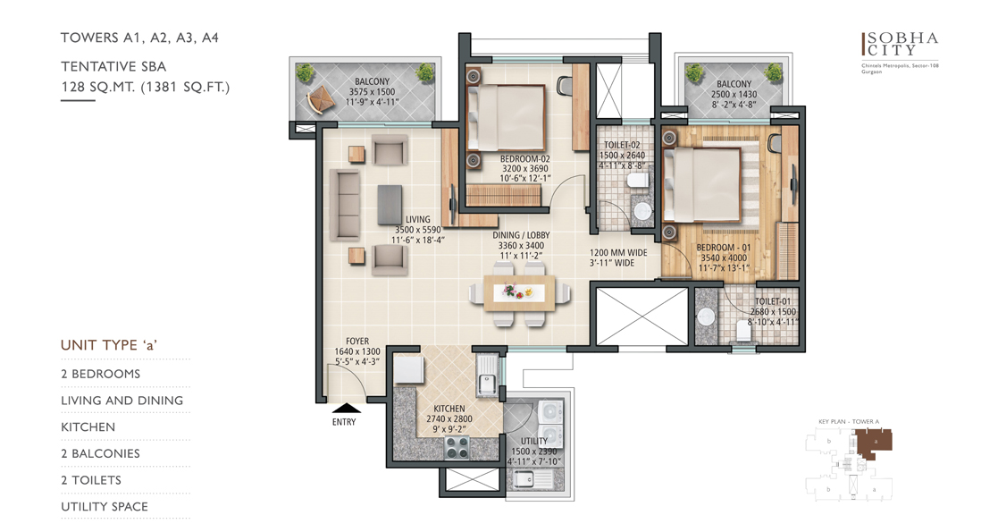 2BHK+Utility Space-Type ‘a’- 128 sq. mt. (1381 sq. ft.)